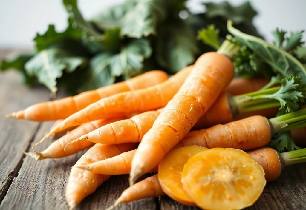 Φωτογραφία από φρέσκα, πορτοκαλί καρότα και γλυκοπατάτες, πλούσιες πηγές βιταμίνης Α, σε ένα ξύλινο τραπέζι με πράσινα φύλλα