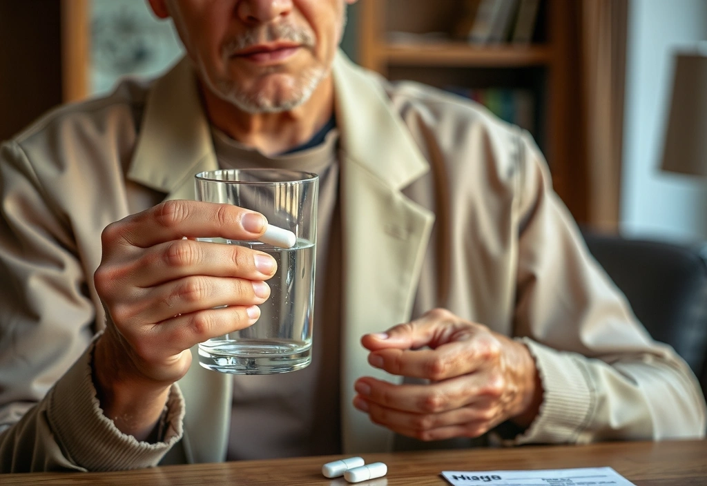 Ένας ηλικιωμένος άνδρας παίρνει ένα χάπι με ένα ποτήρι νερό, συμβολίζοντας τη διαχείριση φαρμάκων.