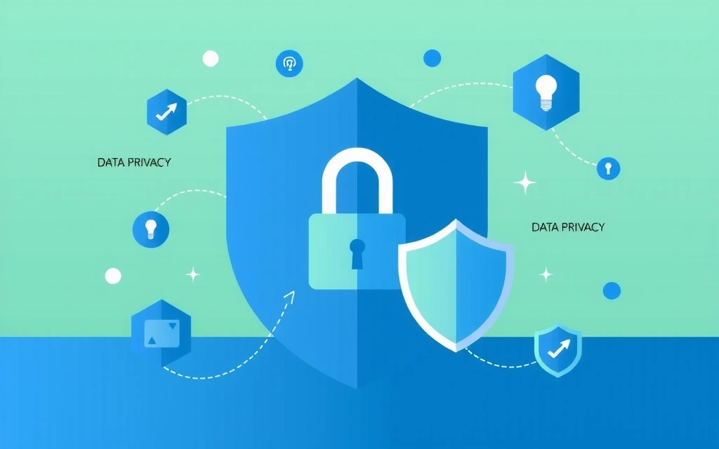 Illustration of data privacy and security, with lock icon and abstract data flow