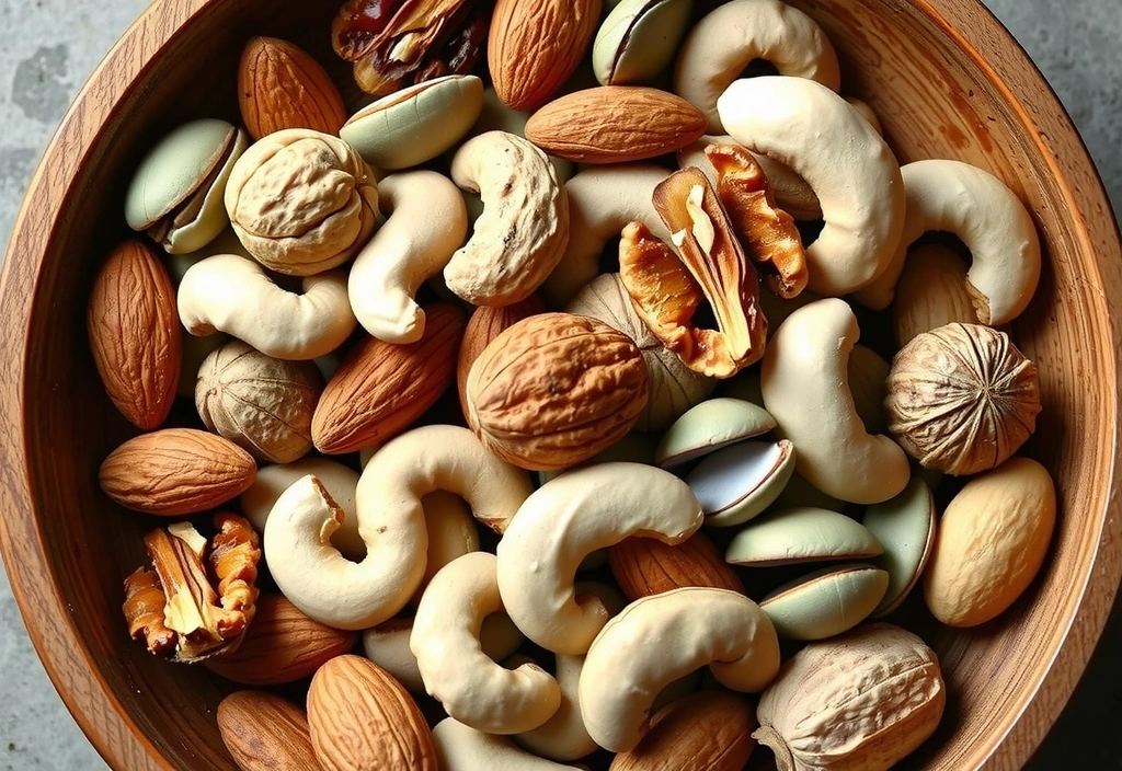 Μια ποικιλία από ξηρούς καρπούς, όπως αμύγδαλα, καρύδια, κάσιους, και σπόρους κολοκύθας, σε ένα ξύλινο μπολ, αναδεικνύοντας τις φυσικές πηγές μαγνησίου.