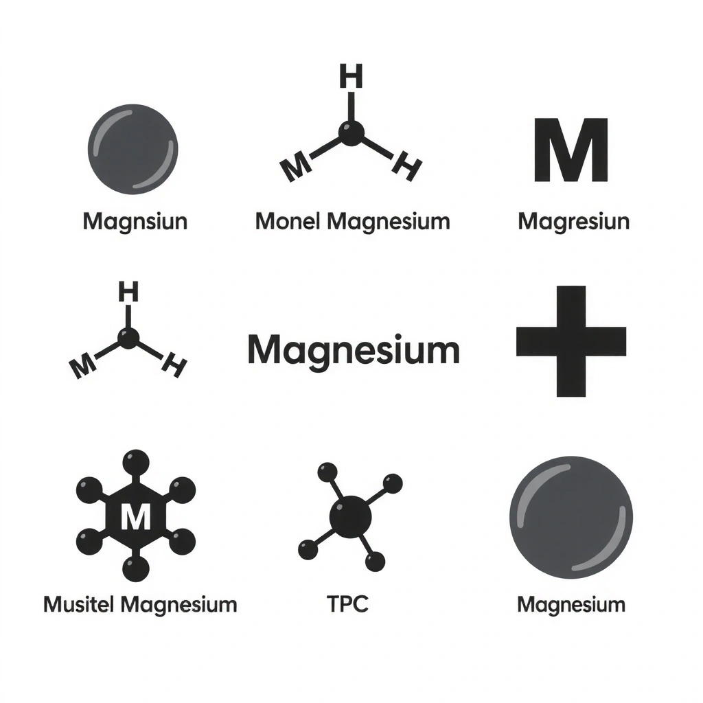 Εικονίδιο που δείχνει διάφορες χημικές δομές ή μόρια, συμβολίζοντας τις διαφορετικές μορφές μαγνησίου.