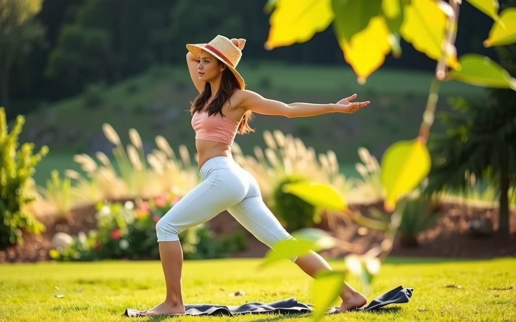 Μια γυναίκα κάνει γιόγκα σε ένα ηλιόλουστο ανοιχτό χώρο, συμβολίζοντας την κίνηση και την ευεξία.