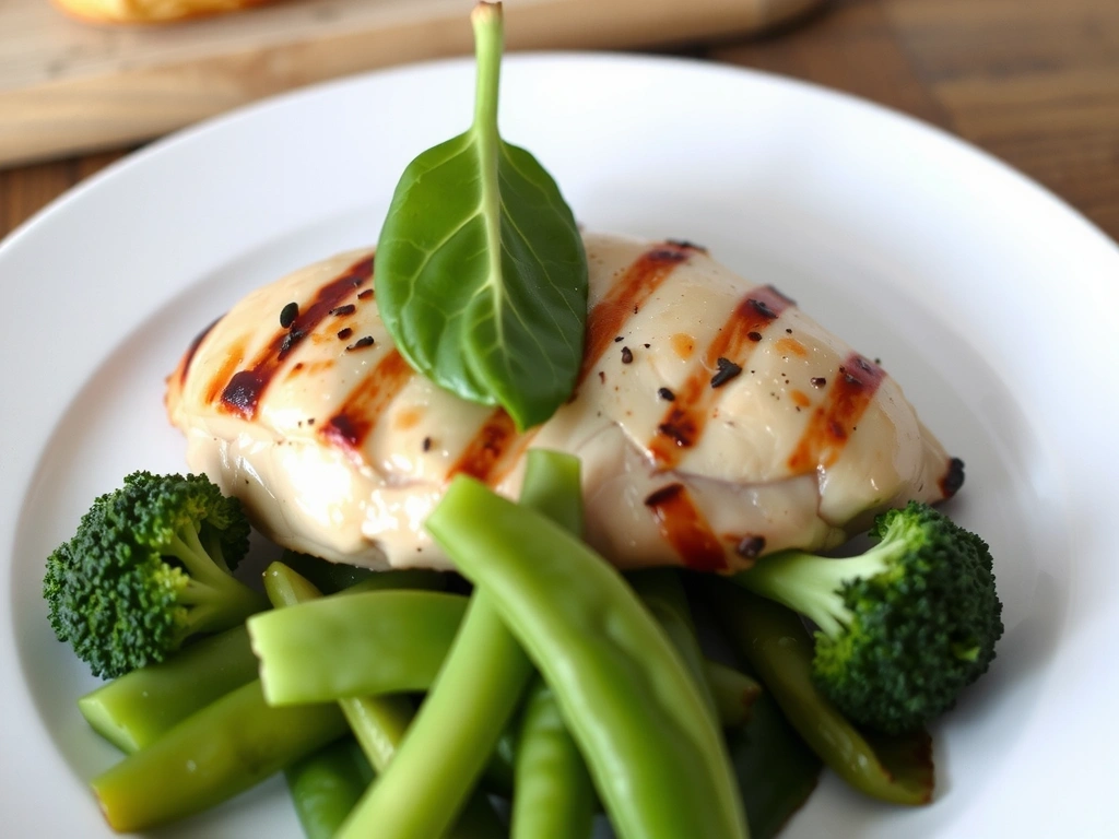 Μια μερίδα άπαχου κοτόπουλου με πράσινα λαχανικά σε ένα πιάτο, υποδηλώνοντας υγιεινή πρωτεϊνική πηγή