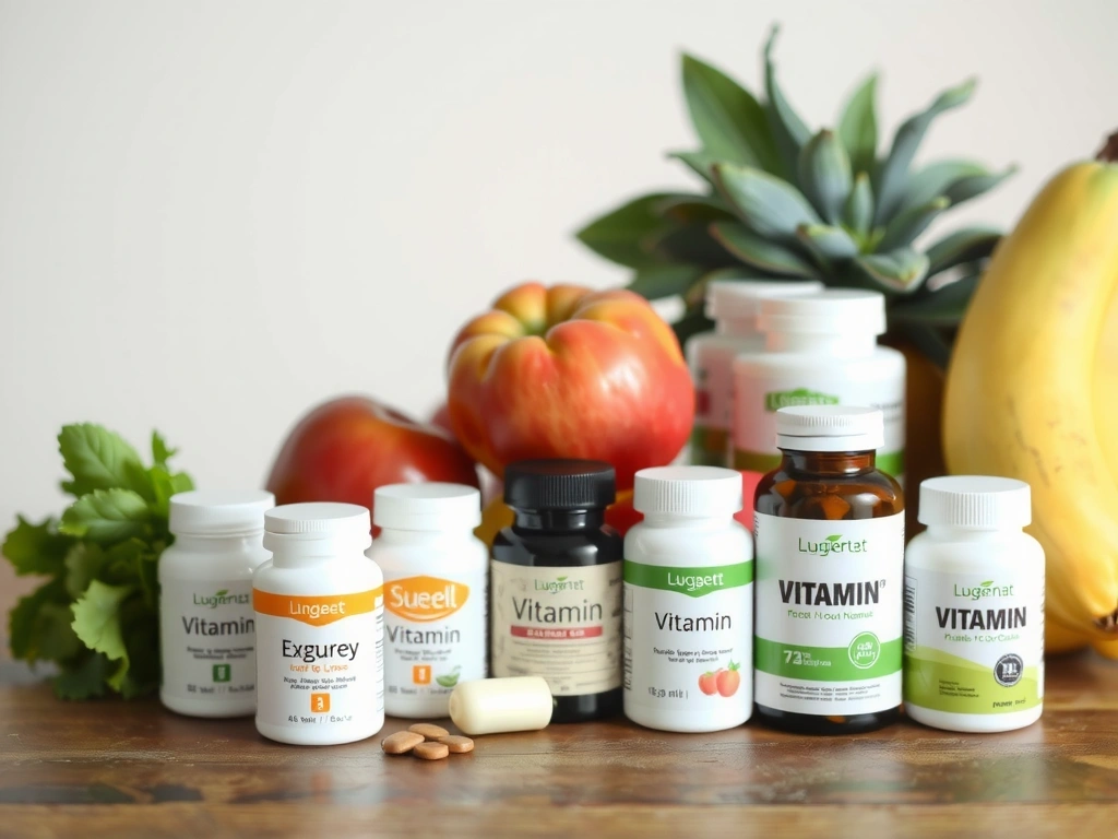 Μια σειρά από διάφορα συμπληρώματα βιταμινών και μετάλλων σε διάφανα δοχεία, τοποθετημένα τακτοποιημένα σε ένα ξύλινο τραπέζι με φρέσκα φρούτα και λαχανικά στο παρασκήνιο. Φυσικό φως.