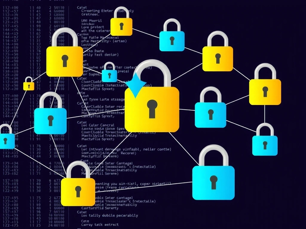 Εικονογράφηση κυβερνοασφάλειας, με κλειδαριές και κωδικούς σε ένα δίκτυο, συμβολίζοντας την προστασία δεδομένων.